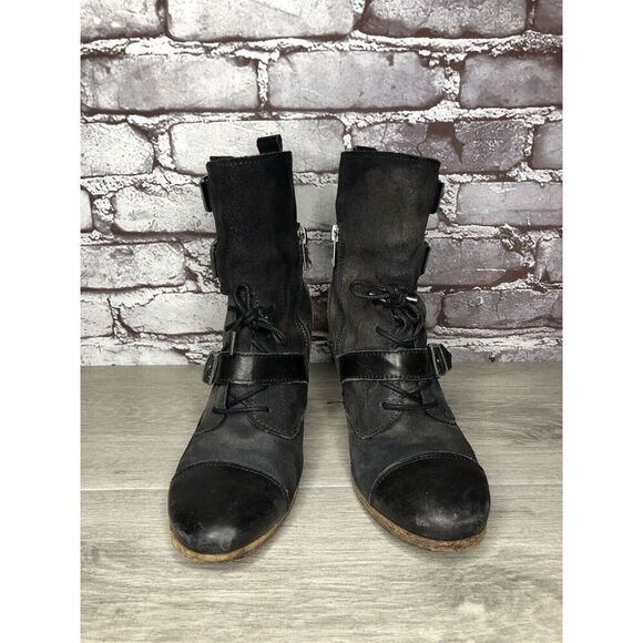 AllSaints Spitalfields Jacks Place Black Leather Zip Heel Strap Boots Women 38EU - Picture 1 of 16
